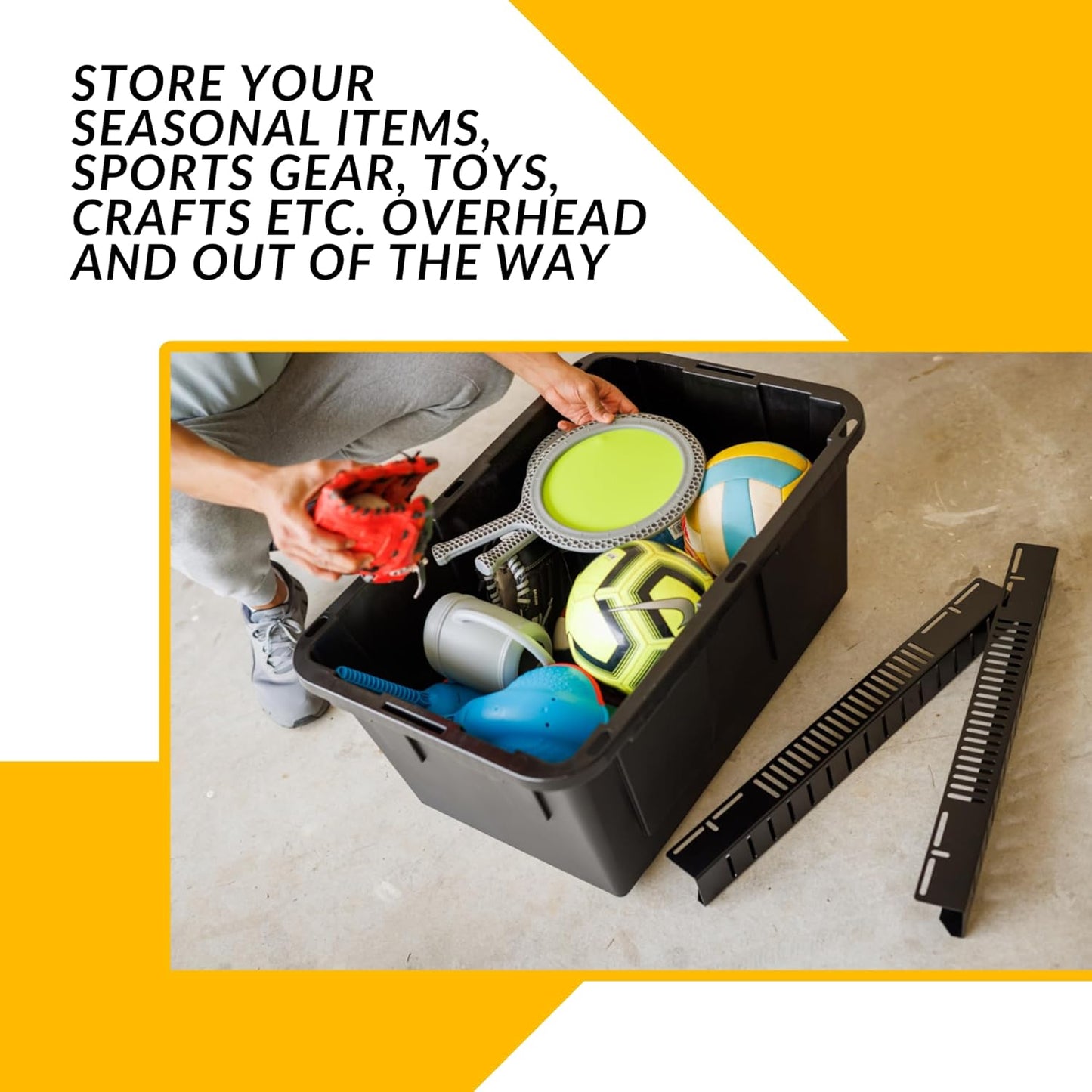Overhead Bin Rack - Ceiling Mount Overhead Garage Rack | Adjustable Width and Orientation | Heavy Duty Ceiling Bin Storage Rails | Fits Black & Yellow Storage Bins | USA Designed (8 Bins)