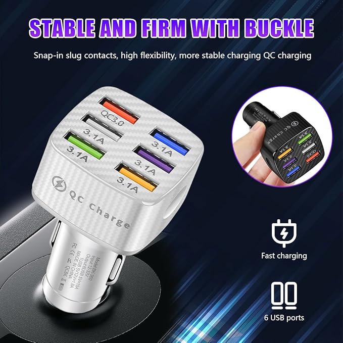Augeny Car Charger Adapter, 6 USB Multi Port Fast Charger, Include QC 3.0 and 5 Other Ports, Auto Quick Charging Adapter for Most Cell Phones, Interior Car Accessories for SUV Truck (White)