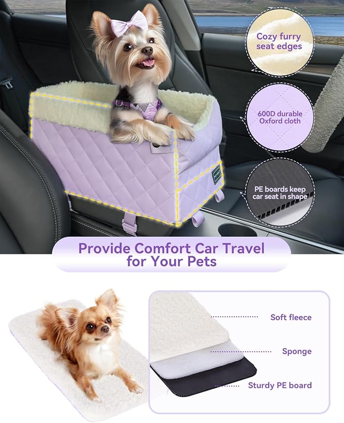 PETSFIT Cat Car Seat with Safe Protection Hooks, Center Console Dog Car Seat with Upgraded Safety Tethers, Washable Cushion, Dog Car Seats for Small Dogs Up to 8 Lbs (Purple)
