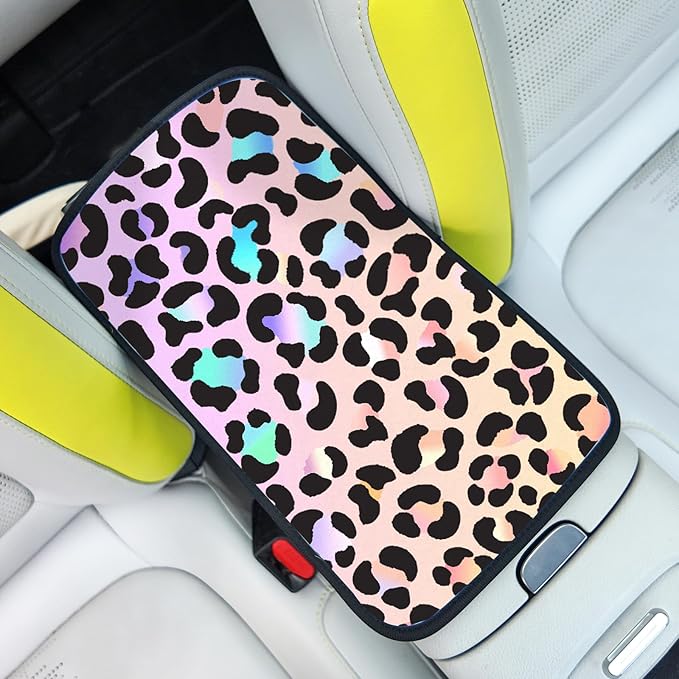 Pink Gradient Leopard Auto Center Console Pad,Car Armrest Pad Car Armrest Seat Box Cover Protector for Most Cars