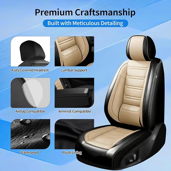 Fit Prologue Car Seat Covers for Select Honda Prologue 2024-2026 - Premium Full Coverage Leather, Airbag Compatible, Waterproof & All Weather Seat Cushion Protector, Front Pair Black+Beige