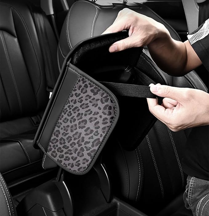 Dotesy Gray Cheetah Print Car Center Console Cover,Microfiber Leather Car Armrest Pad Cushion with 2 Storage Bags,Universal Car Armrest Storage Box Car Interior Accessories for Most Vehicles