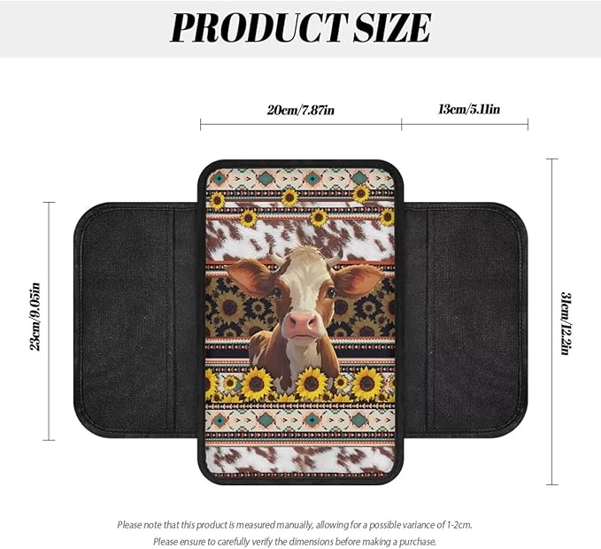 Aztec Tribal Cow Sunflower Pattern Car Center Console Cover Lightweight Automobile Armrest Covers Wear-Resistan Car Armrest Pad Car Decor Accessories