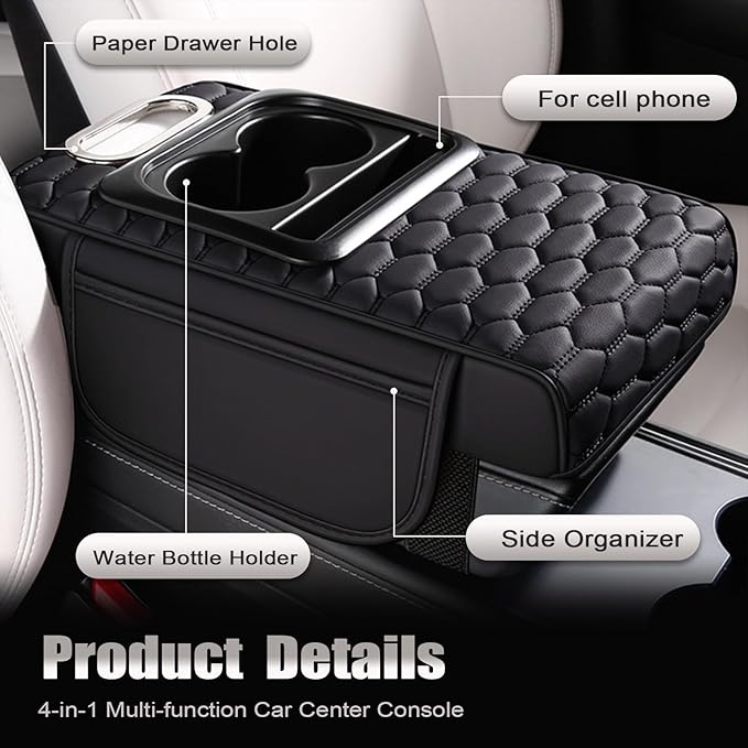 Priprilod Car Center Console Armrest Pillow, Leather Memory Foam Car Armrest Cushion with Cup Holder & Phone Holder, Universal Armrest Storage Box Protector for Most Vehicles, Car Accessories (Black)