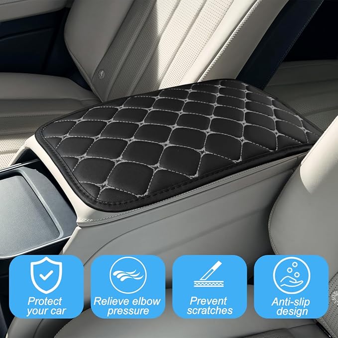 Car Center Console Cushion Pad, PU Leather Vehicle Armrest Cover Protector, Anti-Scratch Automotive Interior Arm Rest Seat Box Mat Accessories, Universal for SUV Sedan Truck (Black/Gray)