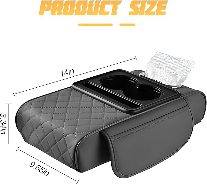 Zpana Car Center Console Armrest Pillow, Memory Foam Leather 4 in 1 Vehicle Arm Rest Cover with Tissue Box 2 Side Storage Bag Cup & Phone Holder, Auto Armrest Cushion, Universal Fit (Gray)