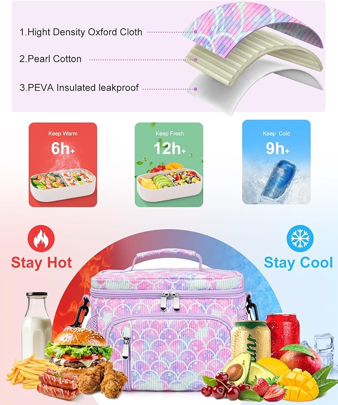 Insulated Lunch Bag for Women - Leakproof Lunch Box Soft Cooler Tote, Adjustable Strap, Reusable Lunch Box for Work Office Picnic Beach Travel-Corduroy Colorful Fish Scales