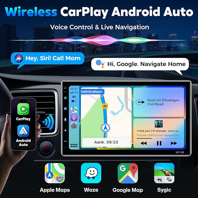 PLZ 10.1" Wireless Single Din Car Radio Stereo with Apple Carplay Android Auto Touch Screen, Car Play Audio Receivers Headunit, Bluetooth 5.3, Backup Camera, 240W, 2 Subwoofers, Navigation, FM/AM, SWC