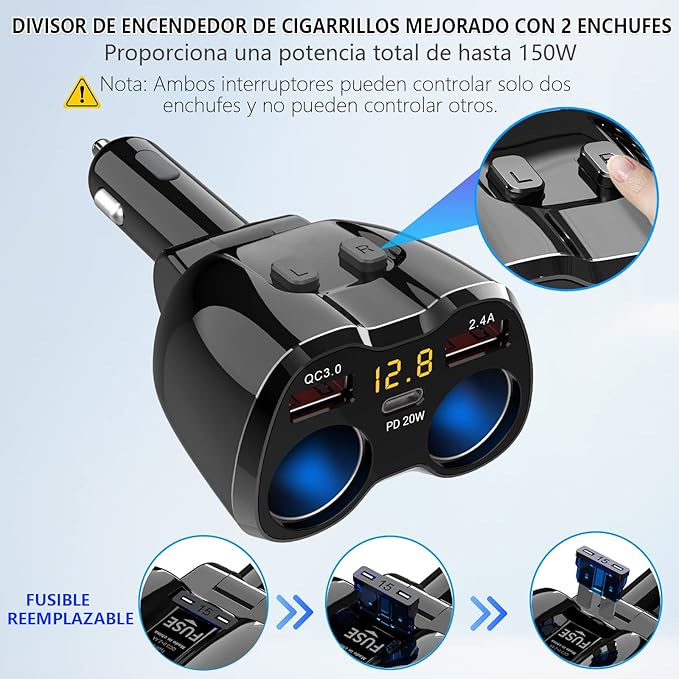 Cigarette Lighter Splitter 2 Socket, Qidoe 150W Cigarette Lighter Adapter 20W USB C Car Charger and 18W QC3.0 Multi Port Car 12V Splitter with Button Switch LED Voltmeter for GPS Dash Cam Phone Tablet