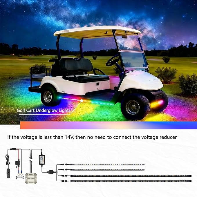 4 Pcs RGB+IC Golf Cart Underglow Light Strip, 12V-80V Dream Color Chasing Golf Cart Underbody Light with Remote and APP Control, Voltage Reducer Included, Music Sync for EZGO Yamaha Club Car