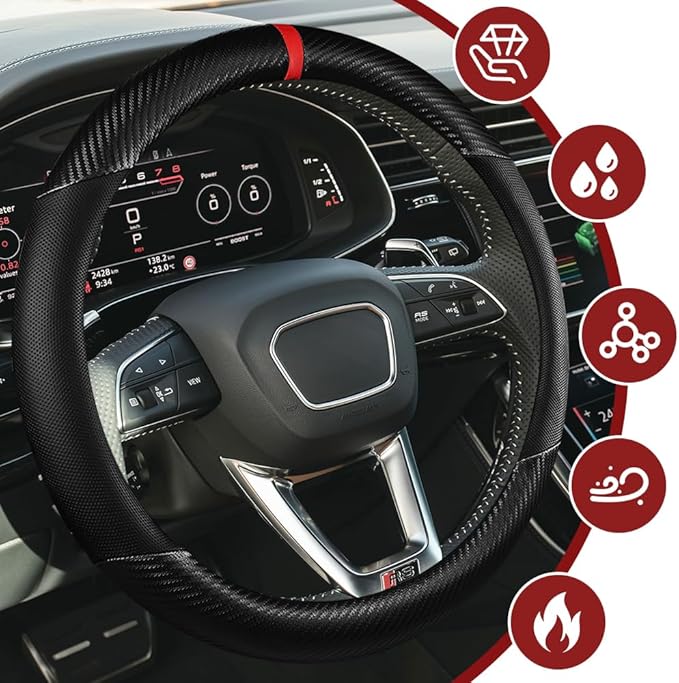 Car Steering Wheel Cover, Steering Wheel Accessories, 15 Inch Microfiber Leather Carbon Fiber Soft Anti-Slip Breathable, Car Accessories Elastic Non-Slip Cover for Most Vehicles (Black)