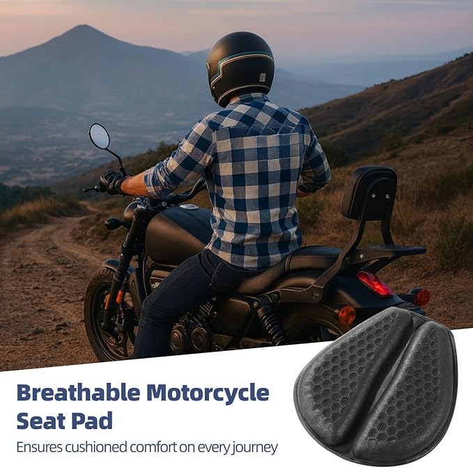 OMISTAR Motorcycle Seat Cushion, Shock Absorbing Gel Seat Pad with 3D Honeycomb Design, Breathable Cooling Pad, Anti-Slip & Foldable Seat Cushion Pad, Fits Most Motorcycles Long Rides