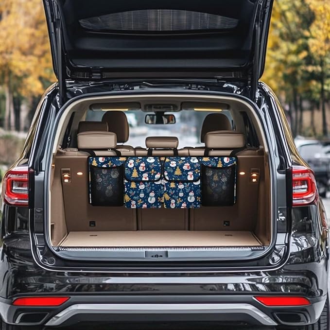 Car Trunk Organizer Hanging Cartoon Christmas Snowman Auto Back Seat Storage with 4 Pockets Car Interior Accessories for SUV MPV Hatchback Crossover Minivan Truck