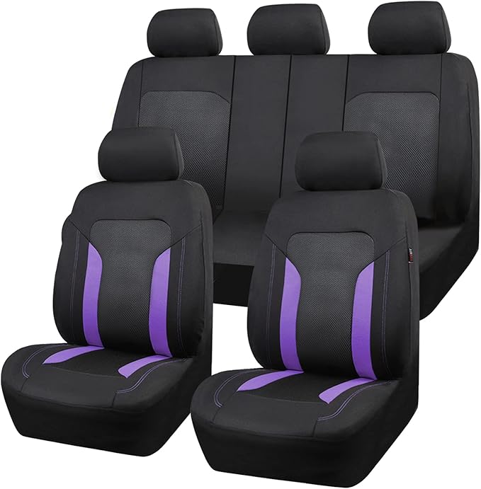 CAR PASS 3D Air Mesh Car Seat Covers Full Set, Breathable Sporty Rear Bench With Zipper for Armrest Box Universal Fit 95% Automotive SUV,Truck,Sedan Interior Cute Women Airbag Compatible, Black Purple