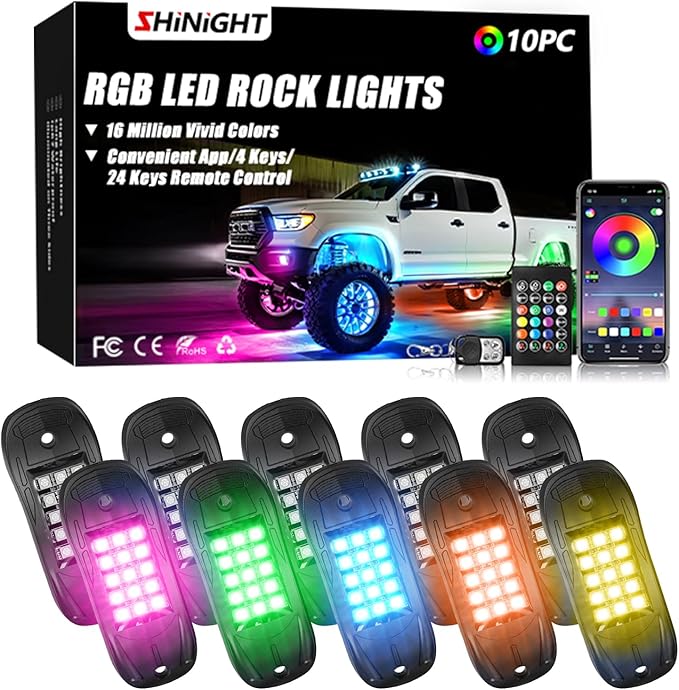 SHINIGHT Led Rock Lights for Trucks,10 Pods Lights for Jeep Brightness Truck underglow kit Exterior with App Control Flashing Music Mode RGB Lighting for UTV SUV ATV RZR Truck Accessories
