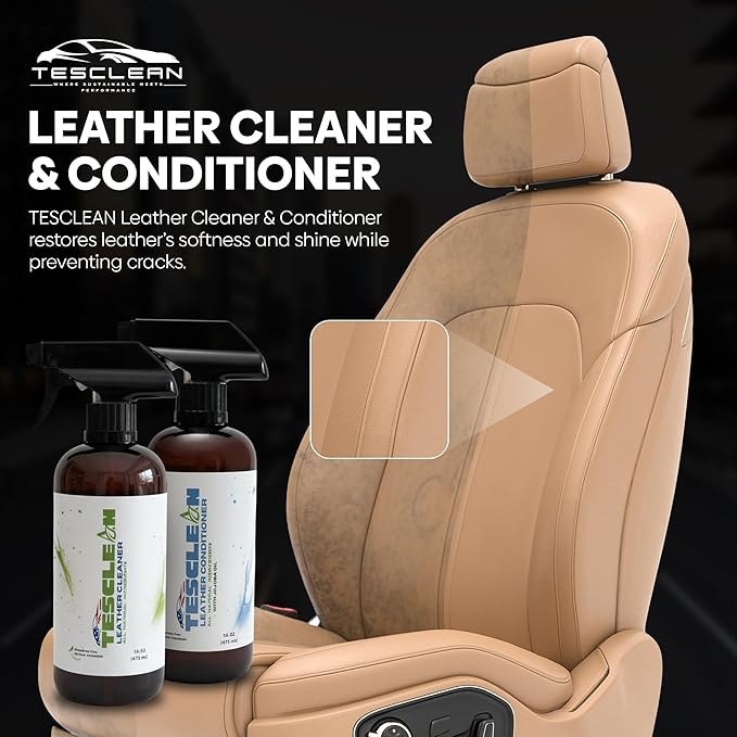 Tesla Leather Seat Cleaner & Conditioner, Made in the USA, Tesla Cleaning Kit Interior V egan Conditioner Electric Vehicle Interiors, Fits Model S, 3, X, Y (2026), Includes Microfiber Cloth & Sponge