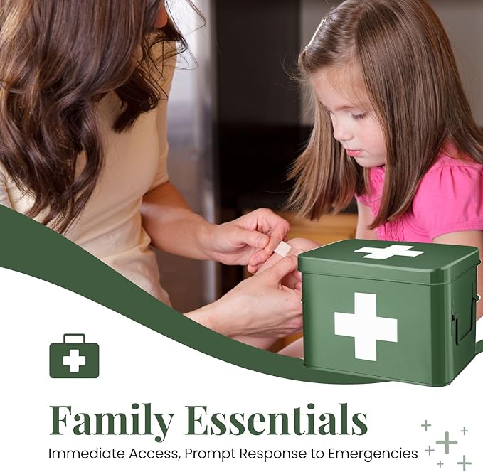 Flexzion Medicine Box, Home Pharmacy Box, 33 x 21 x 19 cm, Metal Medication Storage for Emergency, First Aid Cabinet, with Side Handles, Removable Tray & 5 Compartments, Green