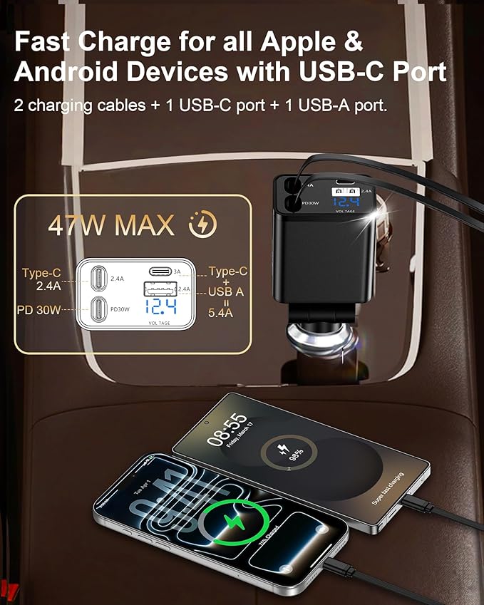 Retractable Car Phone Charger for Samsung S26 S25 Android, 4 in 1 Fast USB C Car Charging Adapter with 2 Flexible USB C Cable, USBC Cigarette Lighter Gift for Men Car Gadgets Electronics Accessories