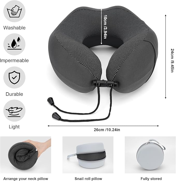 Travel Neck Pillow for Airplanes,100% Memory Foam Neck Support Pillow,Ergonomic U-Shaped 360° Neck Support,Portable with Storage Box,for Flight,Car,Train,Office & Home (Dark Gray)