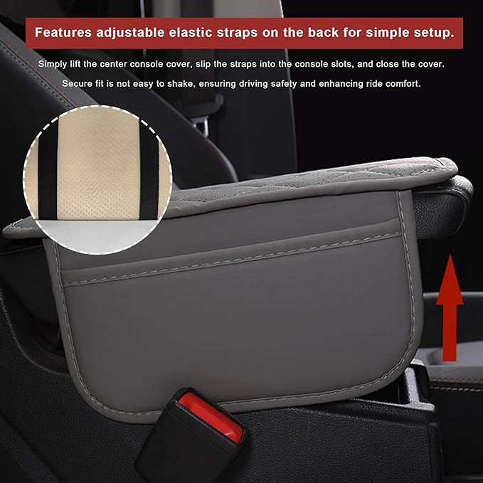 Car Center Console Cover, Leather Auto Armrest Cushion Pad with Two Storage Pockets, Waterproof Arm Rest Box Mat Protective Cover for Sedan SUV Truck, Car Accessories (Gray)