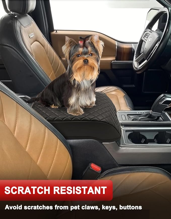 KBH Center Console Armrest Cover for 2015-2020 Ford F150, 2017-2022 F250 F350 F450 F550, 2018-2024 Expedition, Bucket Seat, PU Leather Cushion Thick Pad, Anti-Scratch, Brown (Not for Other Models)