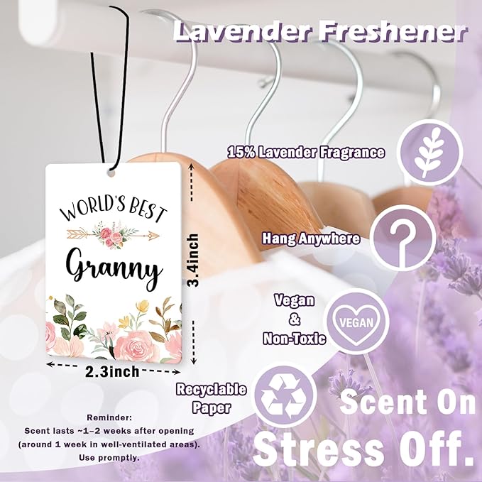 Granny Grandma Gifts Car Air Freshener Accessories 3pcs,World's Best Gifts for Granmda Christmas, Pink Flower Rustic Hanging Scent Lavender Fragrance Card for Women Closet Bathroom Home Decor