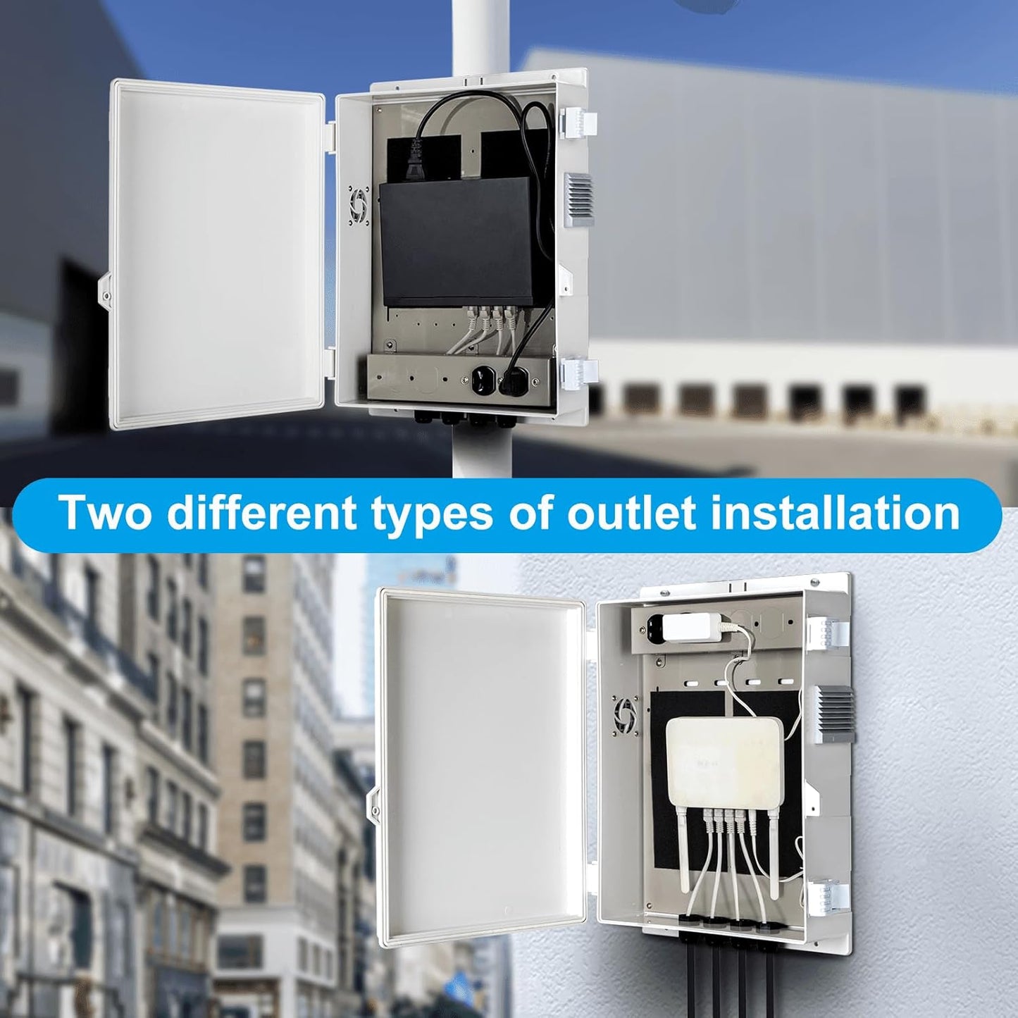 Outdoor Electrical Junction Box with High Power Outlet, ABS Water Resistant Enclosure with Internal Mounting Panel & Hinged Cover (16" H* 12" L* 4" W)