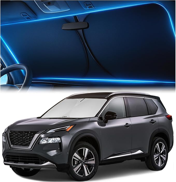 Windshield Sunshade for Nissan Rogue 2021 2022 2023 2024 2025 2026 - Innovative No-Light-Pass Technology, Mirror Cut-Out, Blocks 99% UV Rays, Fade-Resistant, Easy-Fold Rogue Windshield Sun Shade