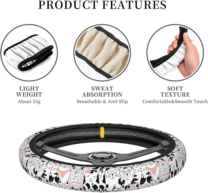 Black and White Cat Steering Wheel Cover Women Men Pink Elastic Stretch Soft Car Wheel Protector Universal Breathable No-Slip Car Accessories for Truck Van SUV Auto Fit 14-15 Inches