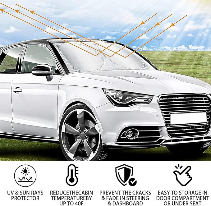Foldable Car Windshield Sun Shade, Bonus Steering Wheel Sun Shield to Block UV Rays Keep Your Vehicle Cooler, Easy to Use Car Interior Accessories (Small)