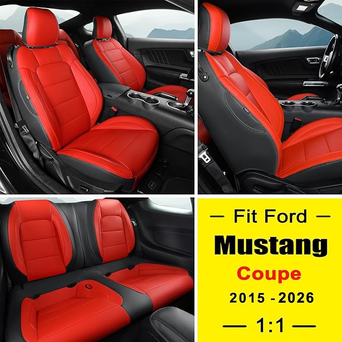 GIANT PANDA Customized Full Set Car Seat Covers Fit Ford Mustang Coupe Hardtop 2015 2016 2017 2018 2019 2020 2021 2022 2023 2024 2025 2026- (Black+Red)