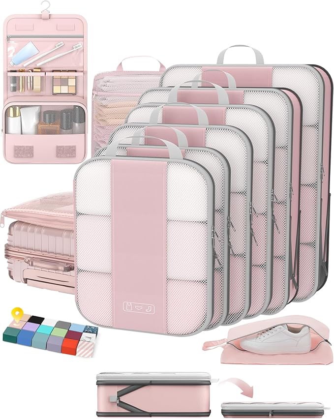 10 Set Compression Packing Cubes for Travel Essentials Women Mom,Compressible Expandable Packing Cubes for Suitcase,OlarHike Luggage Organizer Bags for Travel,Handy Helper for Organizing Clothes(Pink)