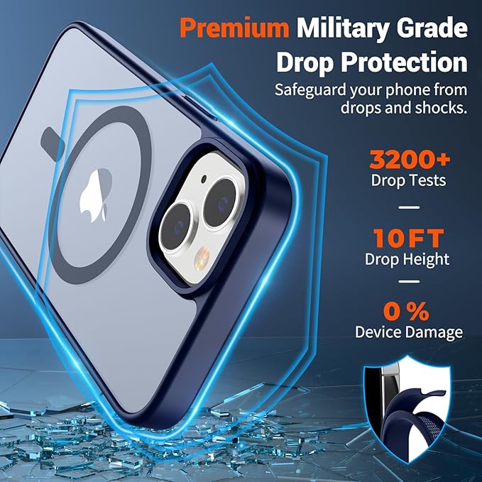 SUPFINE Magnetic for iPhone 15 Case (Compatible with MagSafe) (Military Grade Drop Protection) Slim Translucent Matte Shockproof with Anti-Fingerprint Phone Case, Navy Blue