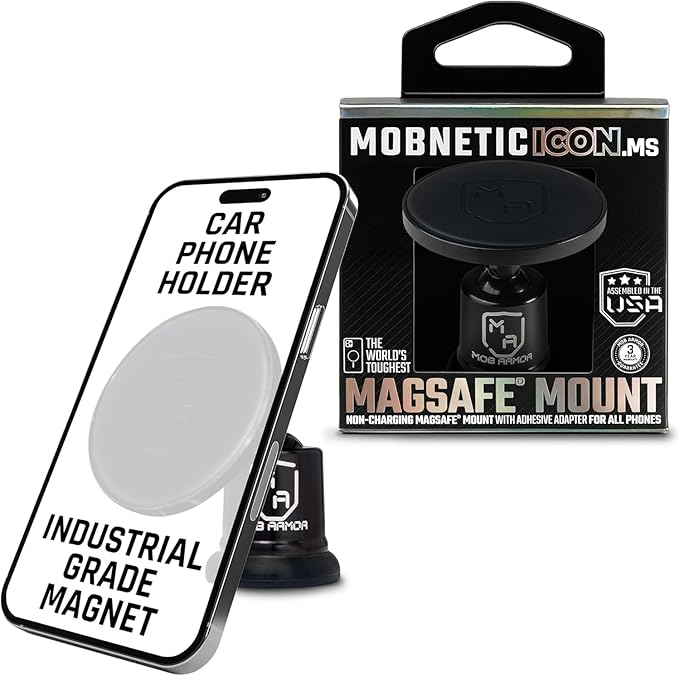 MobNetic Icon.MS MagSafe Compatible Phone Mount, Magnetic Phone Holder for Car w/ 90lb Pull Force, 90º Tilt & 360º Rotation, Aluminum Build, Compatibility for iPhone & Android (Obsidian Black)