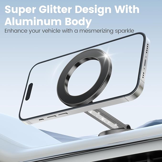 Pikabo Magnetic Phone Holder for Car Dashboard Phone Mount Holder Compatible with iPhone 17 Pro Max 16 15 14 13 12 MagSafe Accessories. (Glitter Black)