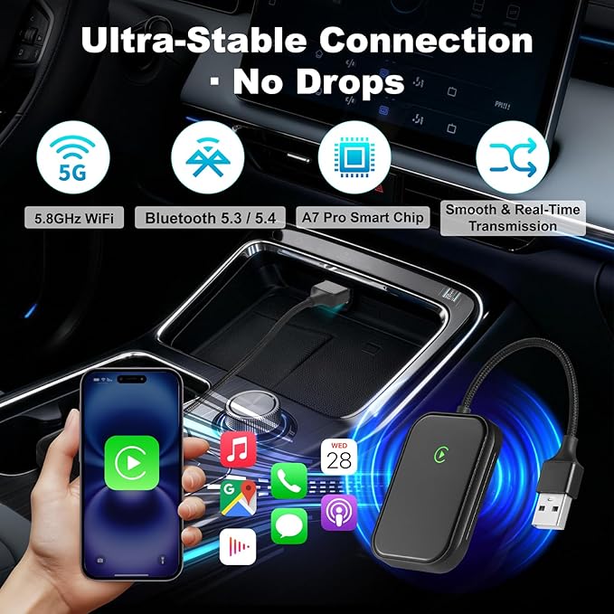 Wireless CarPlay Adapter for iPhone, Apple CarPlay Wireless Adapter USB-C, Bluetooth Connection, Auto-Switch for Multiple iPhones, Fast & Stable, iOS 10+ (Stealth Black)