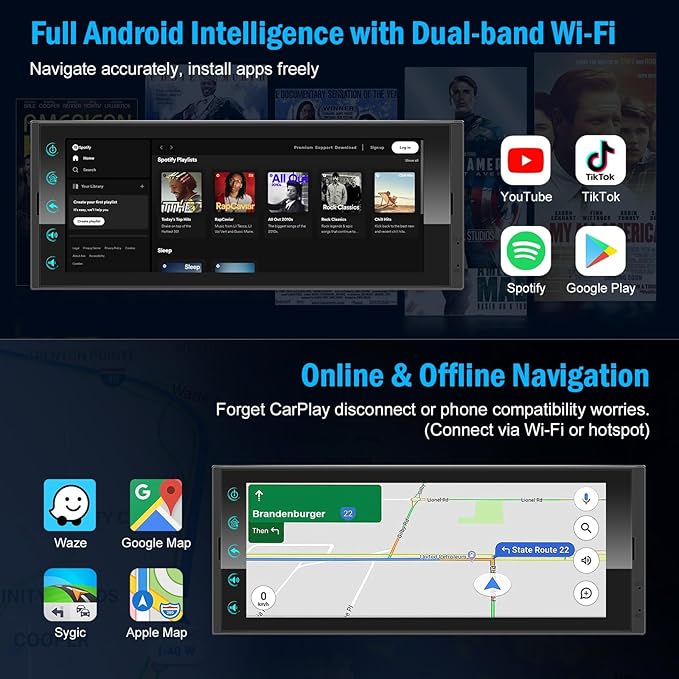 Android Single Din Radio Car Stereo with Wireless Apple CarPlay & Android Auto - 6.9" InCell Touchscreen Car Radio Support Backup Camera, Mirror Link, Bluetooth, GPS, AM&FM, RDS, USB, EQ, SWC