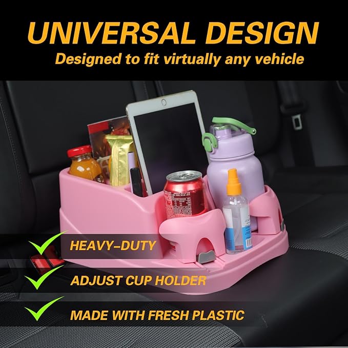 Big Plastic Console for Cars, Trucks, Minivans, SUVs with 2 Adjustable Drink Cup Holders pad Book Holder, Back Bench and Front Seat or Floor Middle Console Universal Vehicle Organizer Pink