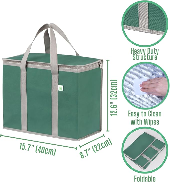 VENO 2 Pack Cooler Bag and Insulated Grocery Bags for Food Delivery, Collapsible Cooler, Reusable Shopping Bags for Groceries with Zipper, Foldable, Heavy-Duty, Stands Upright (Green, 2 Pack)