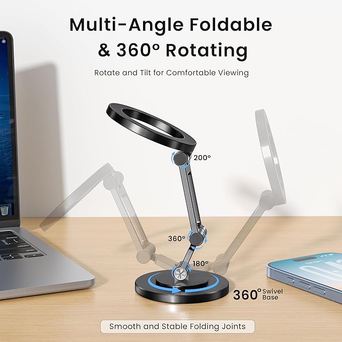 Itramax 360° Rotation Magnetic Phone Stand,Foldable Portable iPhone Stand for Desk with Non-Slip Base,Dual-Sided Ring Smartphone Holder for iPhone 17 16 Plus 13 12 11,Pixel 9 8,Samsung,Office,Kitchen