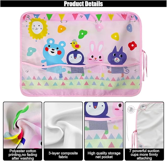 Car Window Shade for Baby, Blackout Car Window Curtain with Storage Pockets & 7 Suction Cups, Cartoon Pattern Cars Side Window Sun Shade Cover for Sun/Heat/UV Rays Protection (Pink-Animals)