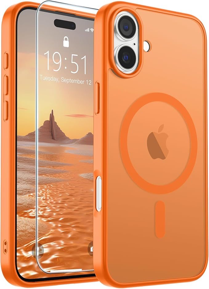 SUPFINE Magnetic for iPhone 16 Plus Case with Screen Protector (Compatible with MagSafe) (Military Grade Drop Protection) Translucent Matte Shockproof Phone Cover,Starry Orange