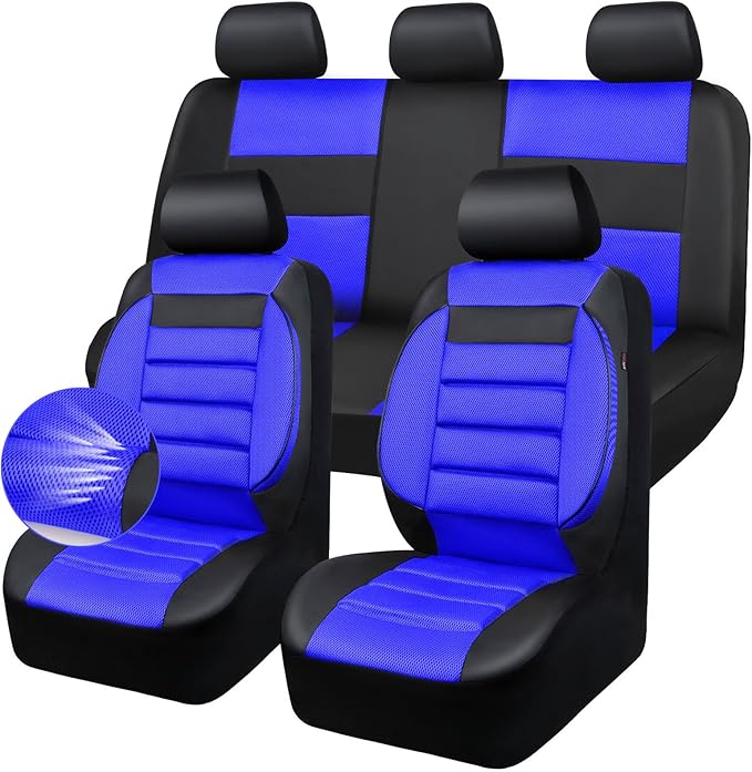 CAR PASS Leather 3D Foam Back Support Car Seat Covers Full Set Air Mesh Automotive Seat Covers, All Season Car Seat Cover Fit Automotive,SUV,Sedan,Van, Airbag Compatible Elegance(Black and Blue Royal)