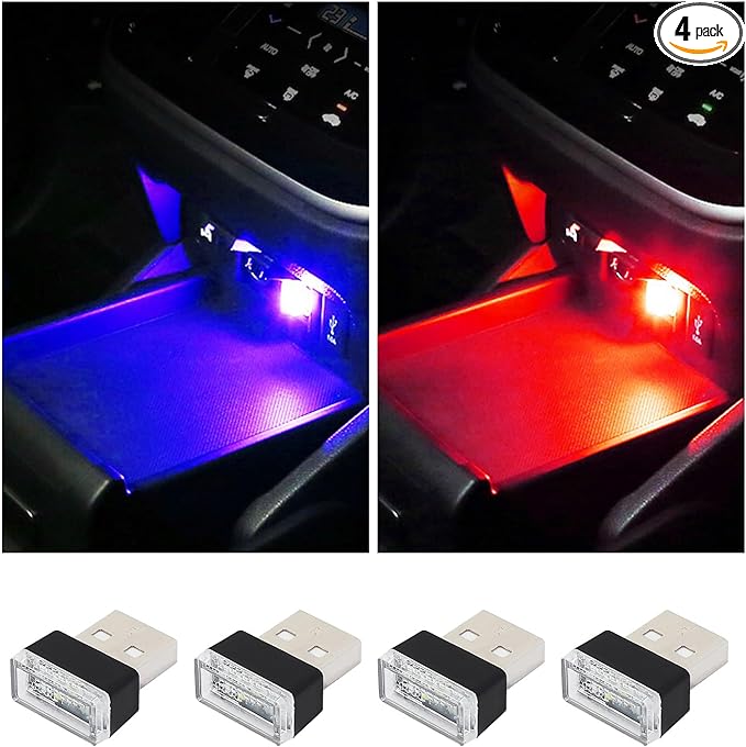 Augeny 4 PCS USB LED Car Interior Atmosphere Lamp, Plug-in USB Decor Night Light, Portable Auto Ambient Lighting Kit, Universal Vehicle Interior Accessories for Most Cars (Red & Blue)