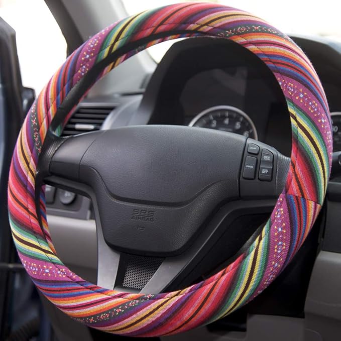 BDK Colorful Woven Boho Bohemian Hippie Style Steering Wheel Cover for Women - Fits Most Standard Wheel Sizes 14.5-15 inch Colorful Patterns