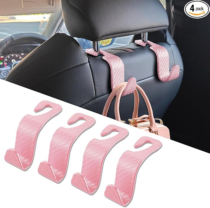 4PCS Car Seat Headrest Hook, Plastic Auto Back Seat Hanger Hooks, Multi-functional Stylish Seat Hooks, Universal Car Interior Headrest Hanger Storage Accessories for Purse Coats Handbag (Pink)