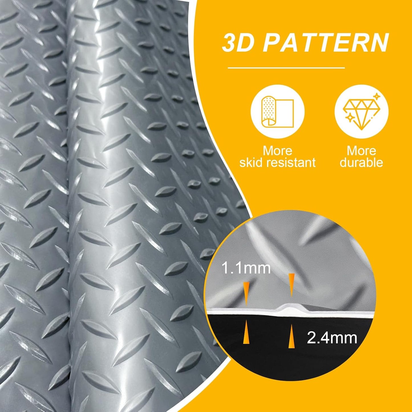 7.5x18 FT Garage Floor Mat, Flooring Roll with 20Pcs Tapes, 135 sqft Diamond Plate PVC Rubber Trailer Mat, Non-Slip Floor Mat for Garage, Warehouse, Gyms, Trailer, Pickup Truck (Grey)