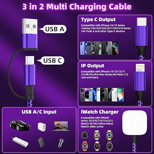 Travel Essentials 3in2 Multi Charging Cable for iPhone Watch Charger,USB A/C to Type C/IP/iWatch Charger,Travel Chargers for Multiple Devices Compatible with iWatch Series&iPhone 16-12 5FT