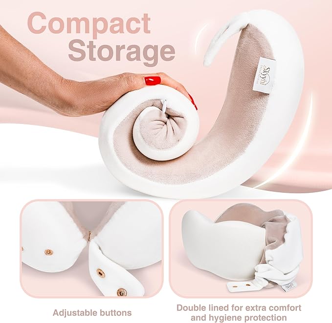 Women's Small Fitted Neck Pillow for Traveling, Memory Foam Travel Pillow, Travel Neck Pillows for Airplanes, Travel Essentials for Flying, Plane Pillow in Taupe and White
