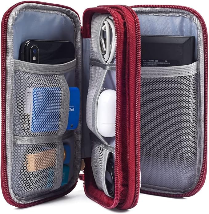 Electronics Accessories Organizer Pouch Bag, Travel Universal Organizer for Cable, Charger, Phone, SD Card, Business Travel Gadget Bag (Wine Red)